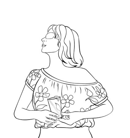 illustration of girl in a blouse  with a wineglass           glass  の写真素材