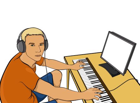 illustration of man sitting at a computer  の写真素材