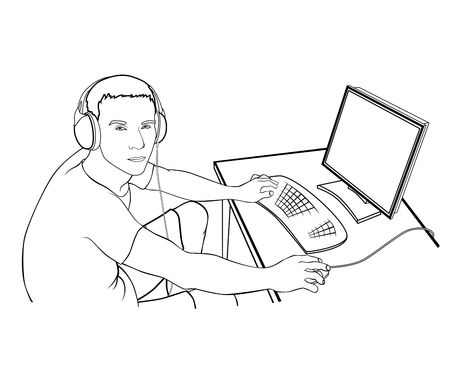 illustration of man sitting at a computer  の写真素材
