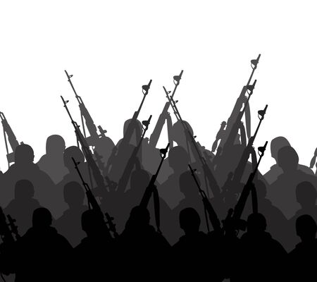 the silhouettes of two men with weapons  の写真素材