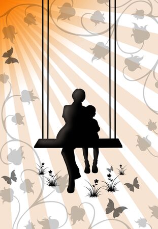 illustration of a woman with a child on a swing   の写真素材