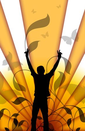 silhouette  of  man on background   flowers and butterfly  の写真素材