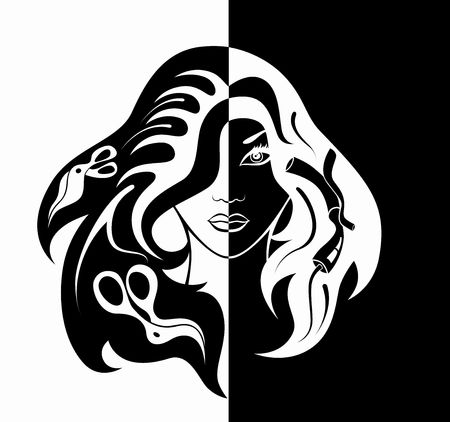 illustration of  girl  with hairdressing accessories in her hair の写真素材