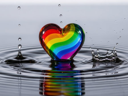A vibrant rainbow-colored heart-shaped object floats on the surface of water, creating gentle ripples. Water droplets surround the heart, capturing the essence of tranquility and beauty.の素材