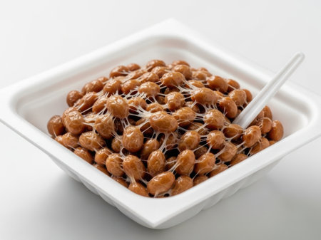 A square white bowl filled with sweet red beans, topped with shredded white coconut. A white spoon is placed in the bowl, which is set against a plain white background. The beans appear to be glazed, giving them a shiny and appetizing look.の素材