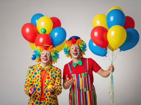 This image features two cheerful clowns holding colorful balloons. Both clowns are dressed in vibrant outfits with polka dots and stripes, and they are smiling broadly. The background is plain, putting the focus entirely on the clowns and their festive balloons.の素材