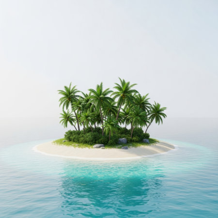 A small, picturesque tropical island with lush green palm trees stands alone in the middle of a vast, tranquil ocean. The island features a sandy beach and is surrounded by clear, turquoise waters, creating a peaceful and idyllic scene.の素材