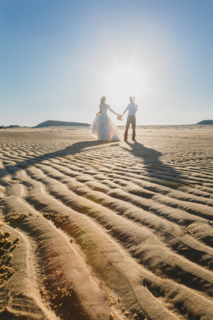The bride and groom are holding hands on the beach under sunshine.の写真素材