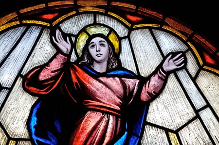 Stained glass church window depicting the Virgin Maryのeditorial素材