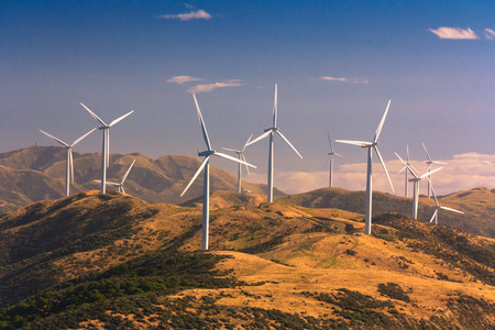 landscape with hills and wind turbines, location - Wellington, North Island, New Zealand