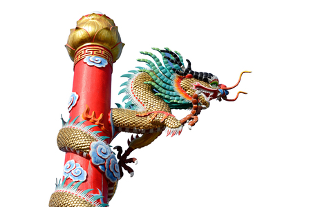 Chinese style golden dragon statue isolated on white backgroundの写真素材