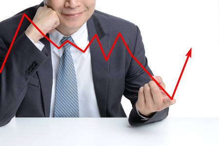 businessman use finger to change from downing to be rising arrow, representing business growth.の写真素材