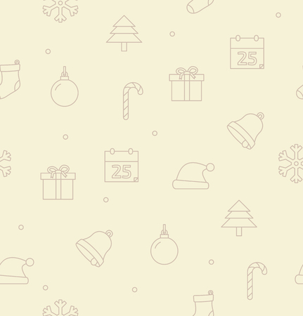 Christmas seamless pattern with outline icons beige background. Vector illustrationのイラスト素材