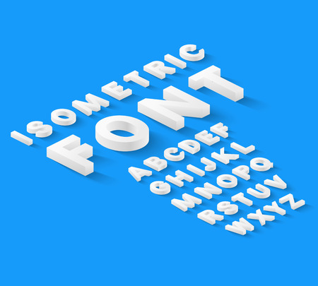 White isometric font alphabet with drop shadow on blue background. Vector illustrationのイラスト素材