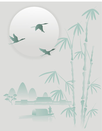 Oriental painting Landscape crane fliesのイラスト素材