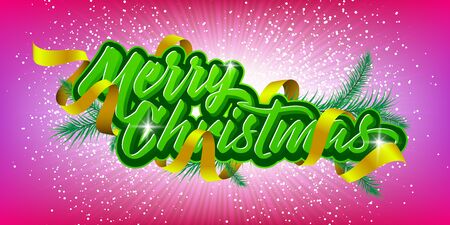 Christmas lettering with ribbon and fir branches.のイラスト素材