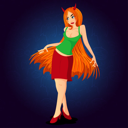 Devil woman with horns on his head standing cross-legged and holds long hair.  character illustration.のイラスト素材