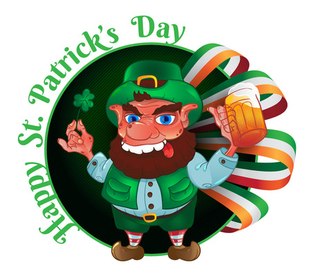 Drunk cartoon leprechaun holds in his hands the Shamrock and beeのイラスト素材