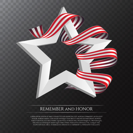 Happy Memorial Day greeting card with national flag colors ribbon and white star on transparent background. Remember and honor. Can be used for design your website or print publications and other.のイラスト素材