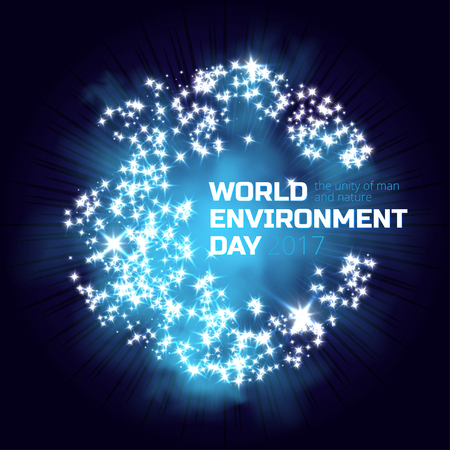 Greeting card or banner to World environment day 2017. Earth globe of lighting stars. Use this vector illustration for design your website or print publications and other.のイラスト素材