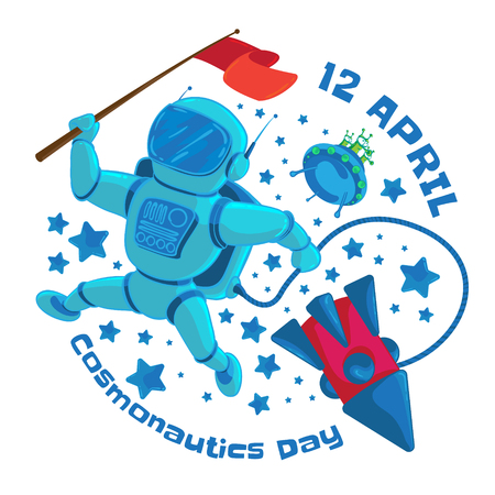 Vector illustration to 12 April Cosmonautics Day. An astronaut or cosmonaut with a red flag in outer space and flying rocket isolated on white background.のイラスト素材
