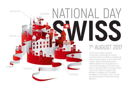 Poster or banner to the Switzerland National Day. Swiss cityscape vector illustration with historic buildings and text isolated on white backgroundのイラスト素材