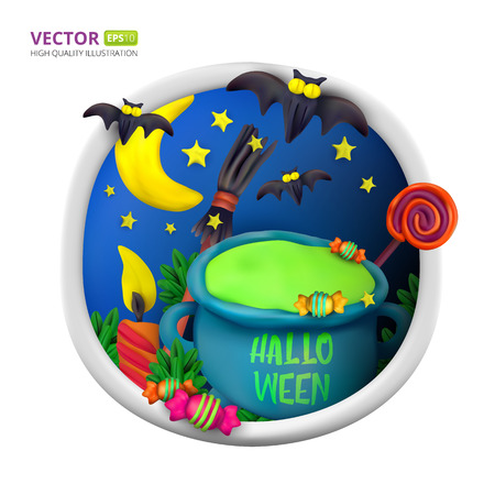 Handmade vector Plasticine round greeting card for Halloween. Vector illustration of moon, bat, cauldron, candle candy, broom and lollipop isolated on white backgroundのイラスト素材