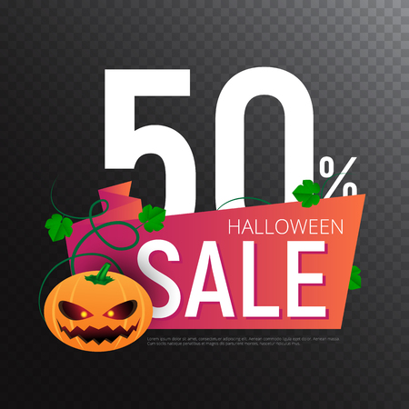 Happy Halloween Sale vector banner or sticker design template with leaves and pumpkin. Great for design your web site or print publicationsのイラスト素材