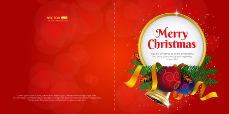 Merry Christmas greeting card or postcard with holiday decoration and place for text. Realistic vector round frame with new year tree, christmas balls, golden bell and ribbon. Ready to print layoutのイラスト素材