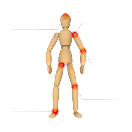 Pain infographics. Wooden female or male mannequin for drawing and place for your text. Realistic vector illustration isolated on white background. Perfect to use for your web site or publicationsのイラスト素材