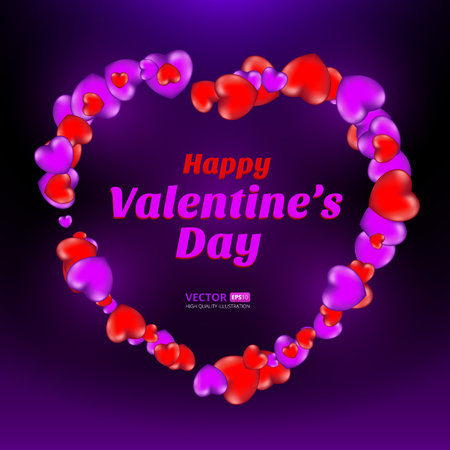 Happy Valentine's Day frame consisting of red and violet hearts on dark background. Vector illustration. Perfect to use for print layouts, web banners design and other creative projectsのイラスト素材