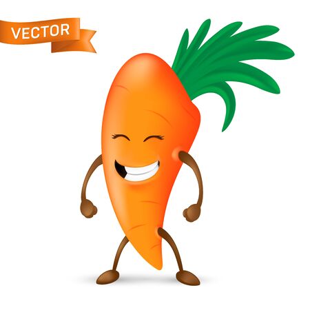 Happy cartoon carrot mascot character with arms and legs isolated on white background. Laughing and squinting with a bunch of greenery on his head. Cute and funny organic vegetable icon.のイラスト素材