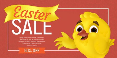 Happy Easter Sale web banner or flier template. Vector discount coupon illustration with cute chick showing on the discount offer and outline eggs on colorful background. Can be used for greeting cardのイラスト素材