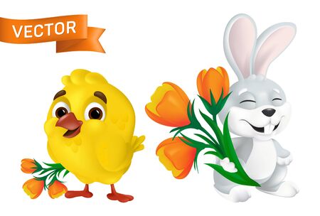 Cute happy easter bunny and sweet baby chick with orange tulip flowers bouquet isolated on white...