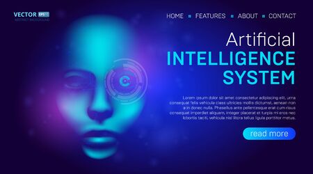 Artificial intelligence landing page background concept or hero banner design with digital humanoid face or cyber head vector illustration. Website template for sci-fi machine deep learning technologyのイラスト素材