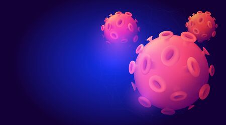 Novel Coronavirus realistic 3d red viral cell. Horizontal web banner concept. Vector illustration with a microscopic view of 2019-nCoV bacteria on dark blue backgroundのイラスト素材