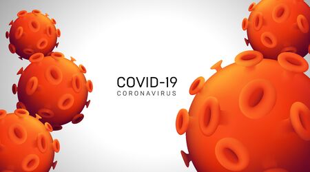 Novel Coronavirus realistic 3d red viral cell. Horizontal web banner concept. Vector illustration with a microscopic view of 2019-nCoV bacteria on grey backgroundのイラスト素材