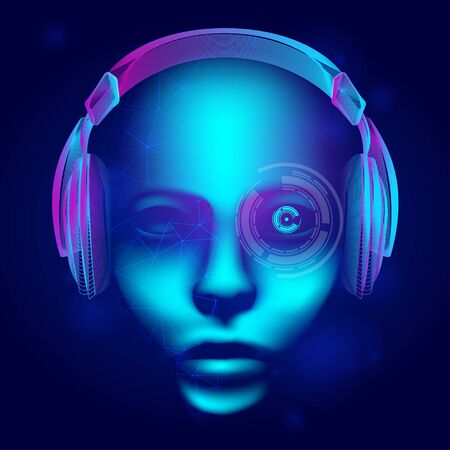 Neon cyber dj or robot head with outline electronic headphones wireframe. Artificial intelligence vector illustration with abstract human face in technology line art style on dark blue backgroundのイラスト素材