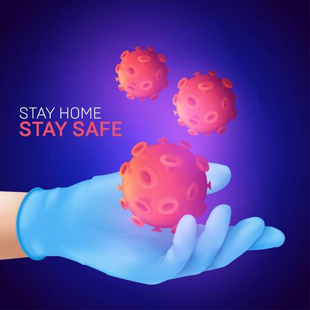 Human hand wearing blue latex medical glove holding coronavirus cell. Stay home. Stay safe. Realistic vector illustration on deep blue backgroundのイラスト素材