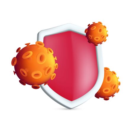 The red antibacterial shield protects against germs or virus cells. Epidemic concept vector illustration of protective bacterial and virus defense equipment isolated on white backgroundのイラスト素材