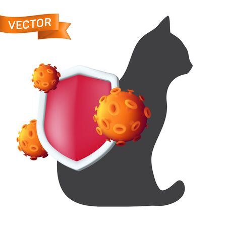 The red antibacterial shield protects against germs or virus cells on the cat animal silhouette. Protective bacterial and virus defense concept vector icon of domestic pet isolated on white backgroundのイラスト素材