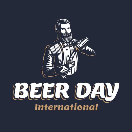 Bearded barmen with a shaker to International Beer Day. Vector illustration of barkeeper or bartender character silhouette at work on a black background in old engraved retro vintage styleのイラスト素材