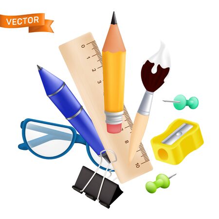 Welcome back to school - objects set with pencil, ruler, pen, sharpener, push pin, paper clip, glasses, paintbrush. Vector illustration with realistic educational items isolated on white backgroundのイラスト素材