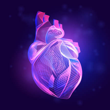 Human brain medical structure. Outline vector illustration of body part organ anatomy in 3d line art style on neon abstract backgroundのイラスト素材