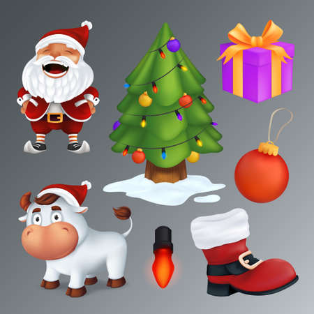 Christmas set includes a tree, gift box, red boot, garland lamp, ball, Santa Claus, white bull - a symbol of the year.のイラスト素材