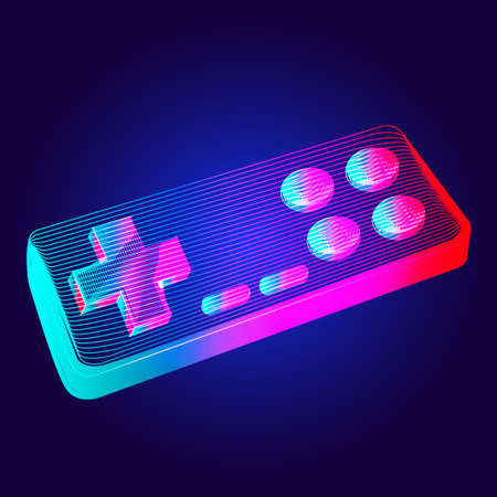 Gamepad - abstract retro game console controller. Outline vector illustration of wireless video game joystick in 3d line art style on neon abstract backgroundのイラスト素材