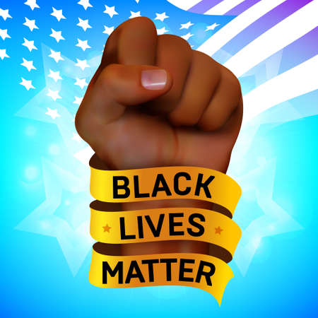 Black lives matter movement against racism. Vector protest poster or banner about human rights of black people in US with raised fist of African human and golden ribbon on American flag backgroundのイラスト素材