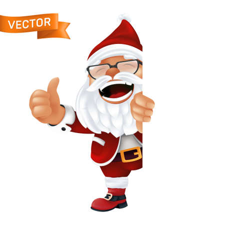 Funny cartoon Santa Claus in a red hat and glasses. Laughing and smiling Christmas character in traditional costume peeking from the corner or a sign and thumbs up isolated on a white backgroundのイラスト素材