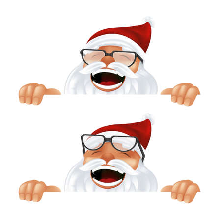 Funny cartoon Santa Claus in a red hat and glasses. Laughing and smiling Christmas character in traditional costume peeking from behind the horizontal corner or a sign isolated on a white backgroundのイラスト素材