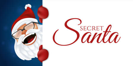 Funny cartoon Santa Claus in red hat, gloves and glasses. Laughing Christmas character in traditional costume peeking from behind a sign with the Secret Santa lettering isolated on a white backgroundのイラスト素材